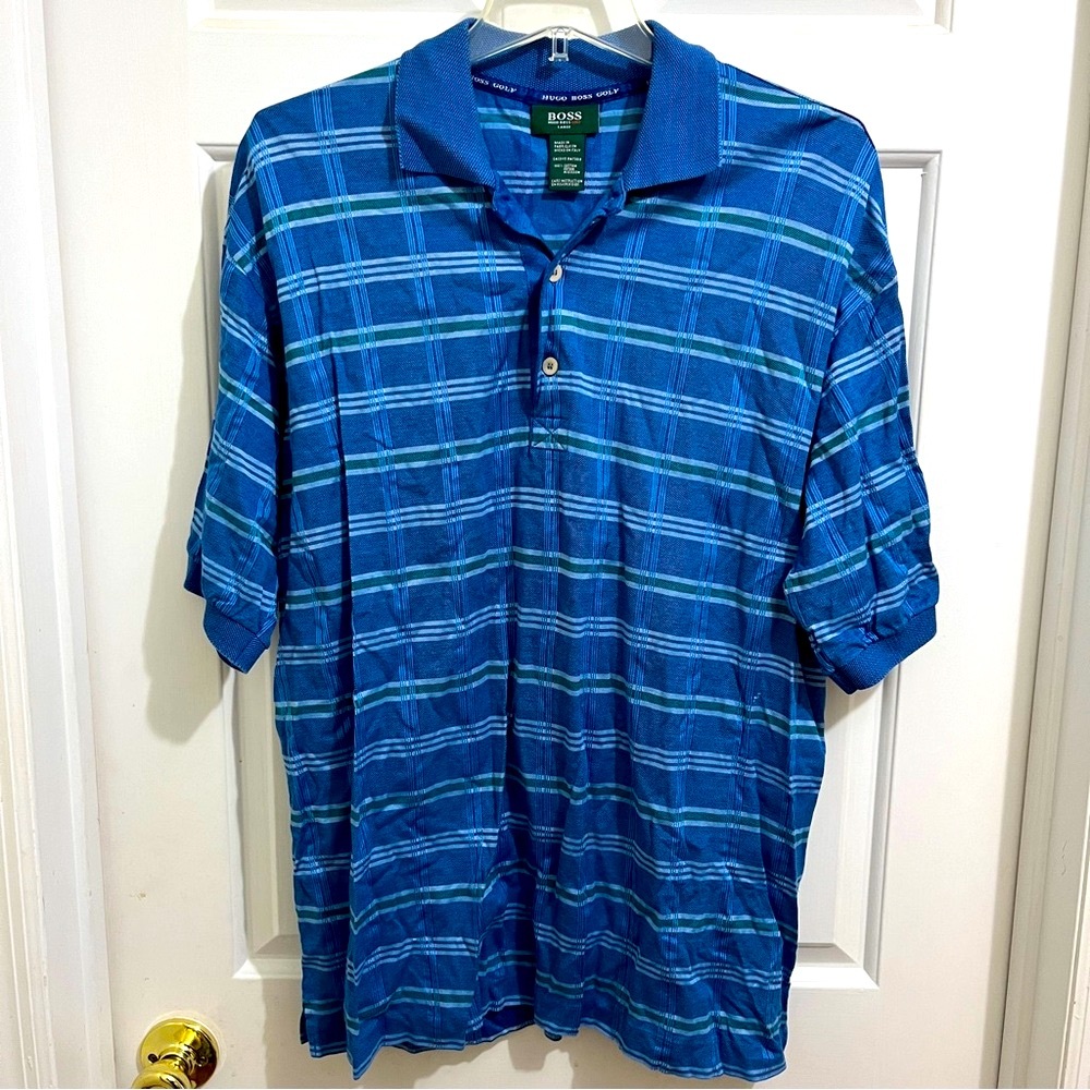 HUGO BOSS GOLF Polo Shirt size Men Large blue striped 100% cotton Made in Italy